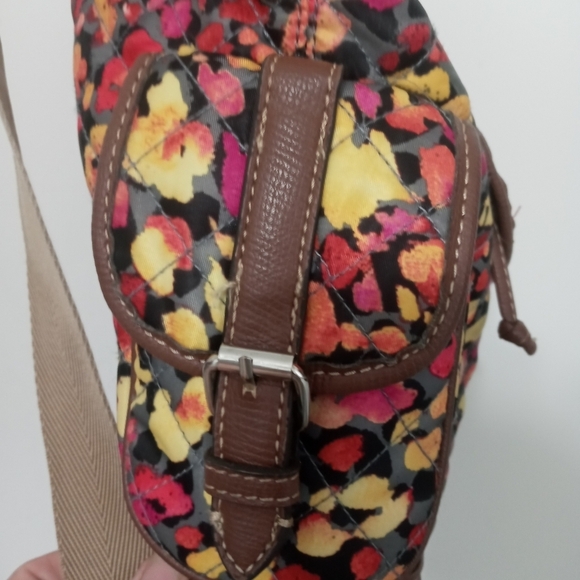 Vince Camuto Floral Cinch Backpack Brown Trim beige Straps